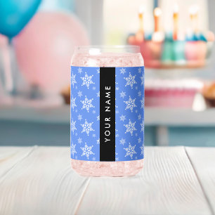 Verre Canette Snowflakes blanc, Bleu, Votre nom, Personnaliser