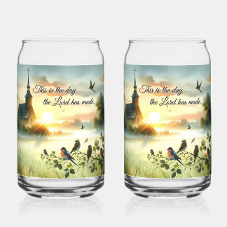 Verre Canette Sunrise Church with Birds in Misty Meadow