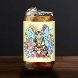 Verre Canette Tabby Fairy Cat Mushroom Floral