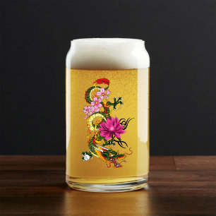 Verre Canette Tatouage de dragon chinois vert gras lotus sarcell