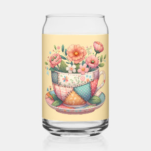 Verre Canette Teacup Patchwork avec Fleurs Whimsical