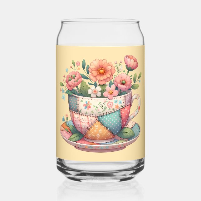 Verre Canette Teacup Patchwork avec Fleurs Whimsical (Recto)