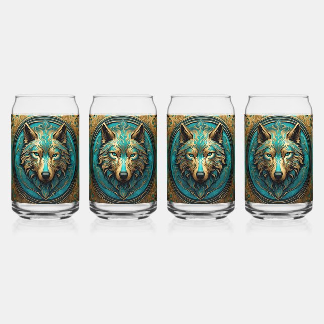 Verre Canette Tête de loup d'or et de turquoise (Recto)