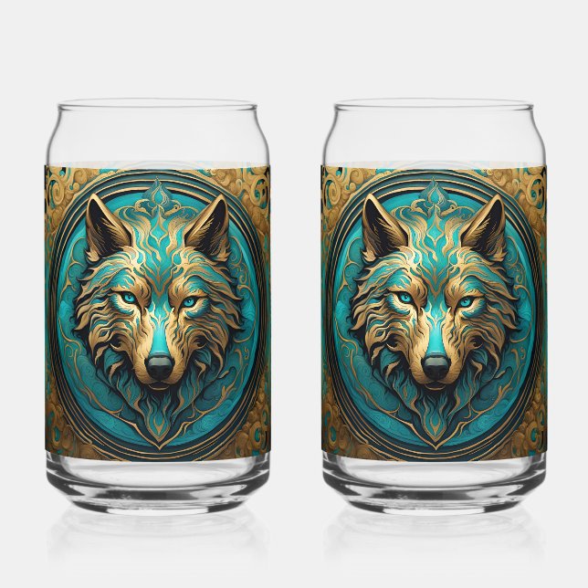 Verre Canette Tête de loup d'or et de turquoise (Recto)