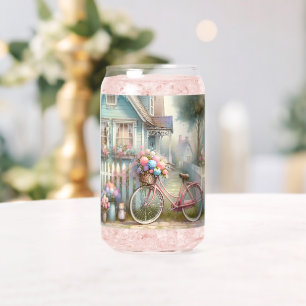 Verre Canette Vélo à fleurs roses à la porte du cottage bleu