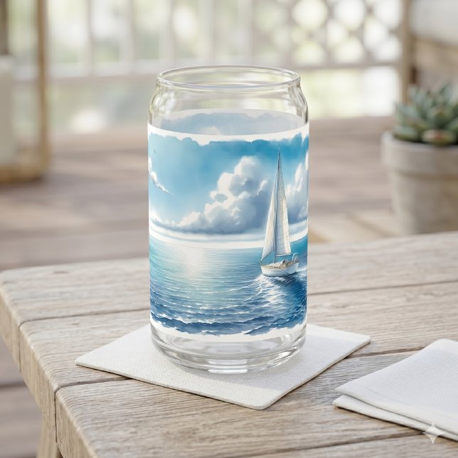 Verre Canette Voilier Solitaire Blue Horizon (Blue Horizon Solitary Sailboat Can Glass)