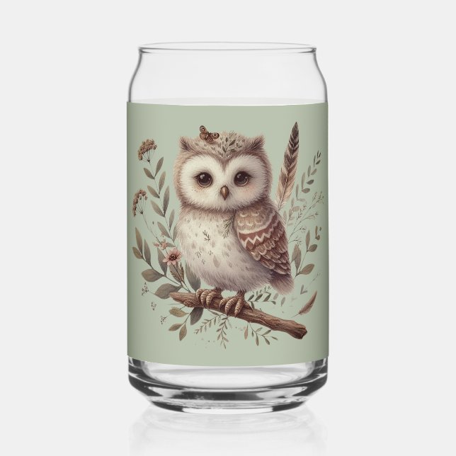 Verre Canette Whimsical Woodland Owl Botanical Illustration (Recto)
