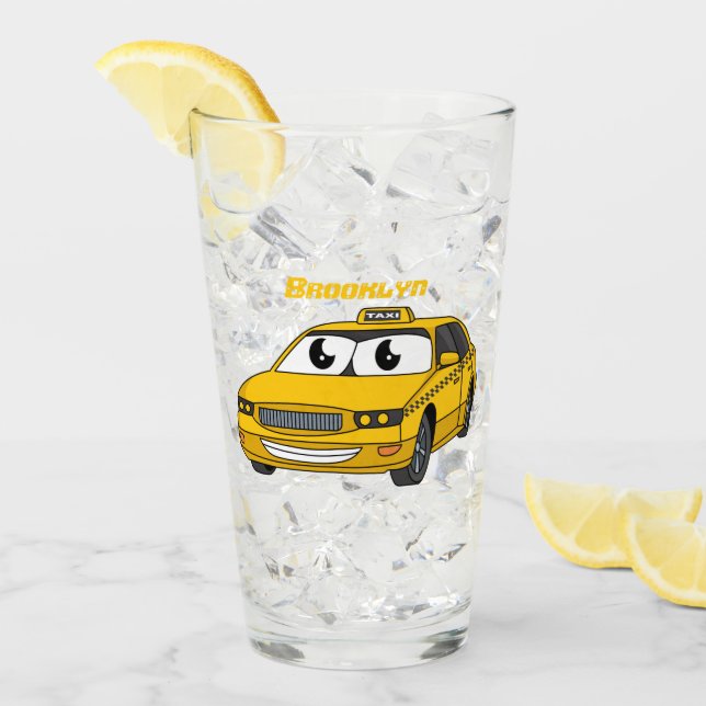 Verre Caricature amusante de taxi jaune mignon (Devant glace)