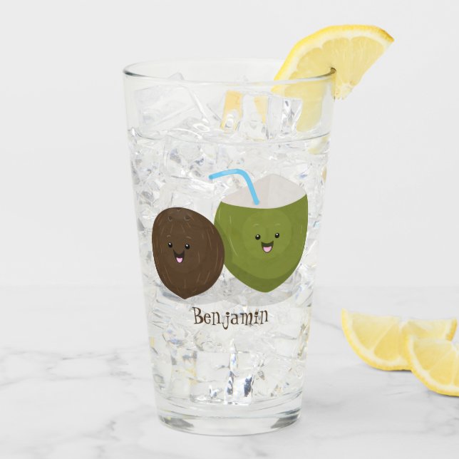 Verre Caricature de noix de coco kawaii joyeux (Dos glace)