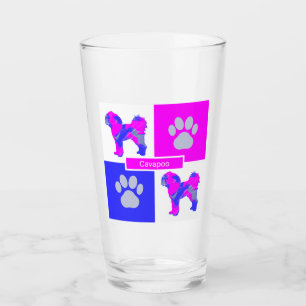 Verre Cavapoo Silhouette Chien & Paw Rose et Carré bleu