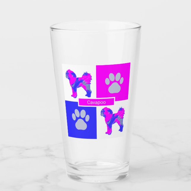 Verre Cavapoo Silhouette Chien & Paw Rose et Carré bleu (Devant)