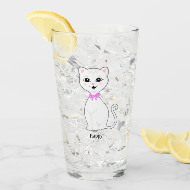 Verre Chat blanc mignon et heureux dessin animé (Devant glace)