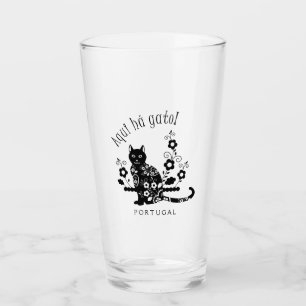 Verre Chat noir avec fleurs et expression portugaise
