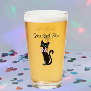 Verre Chat noir élégant assis grands Yeux Verts Nœud Ros