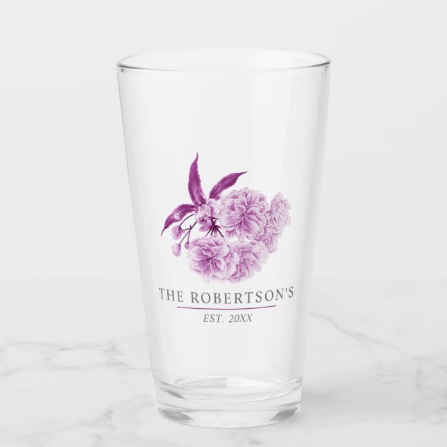 Verre Cherry Blossom fleur violet mariage nom de famille (Devant)