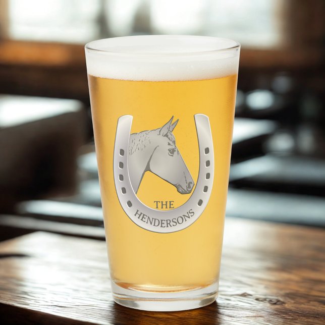 Verre Cheval et fer à cheval ton argent pinte personnali (Personalized horseshoe pint glass for horse lovers, horse owners, and horse racing fans)