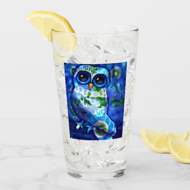Verre Chouette Abstraite lunaire bleu vert (Devant glace)