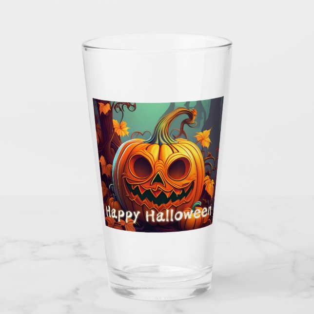 Verre Citrouille orange effrayant avec visage, Halloween (Devant)