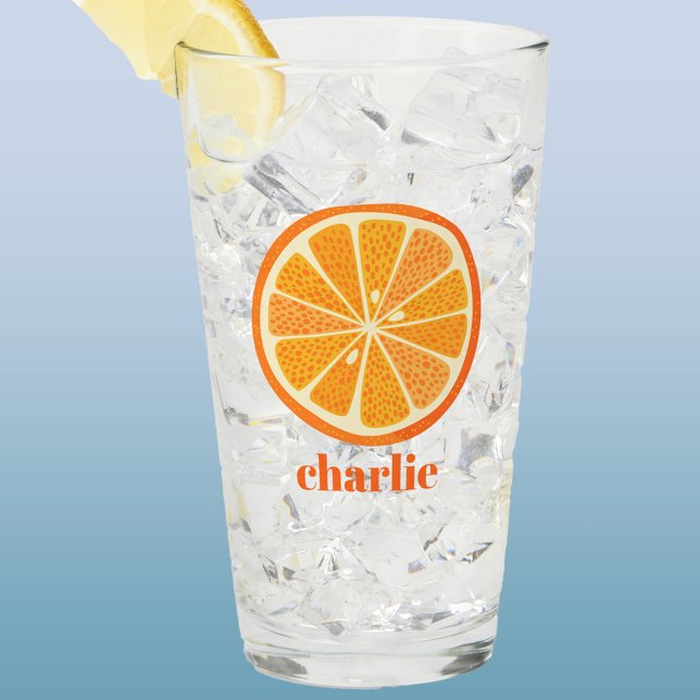 Verre Citrus Orange personnalisé (Fresh orange fruit slice glass tumbler or beer glass with personalized custom name text)