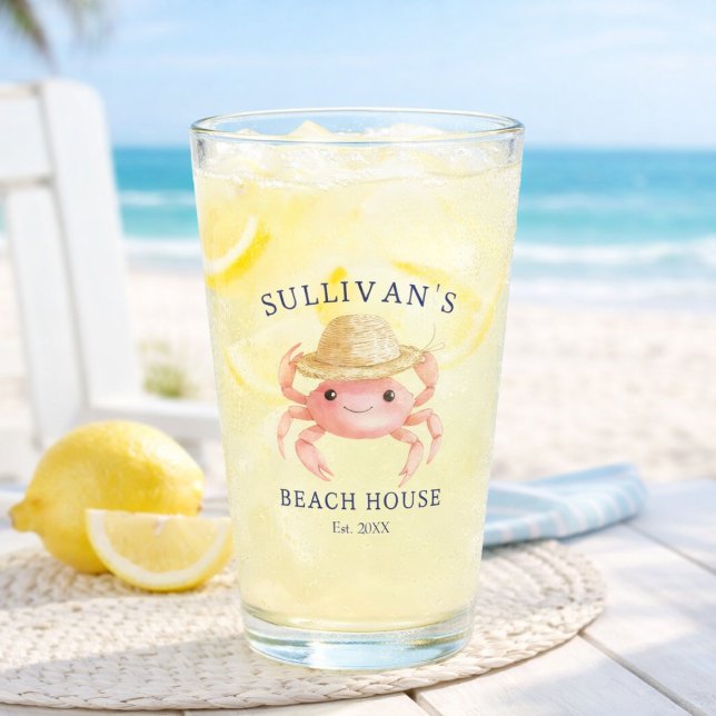 Verre Coastal Beach House Pink Crab Blue Family Name (Créateur téléchargé)