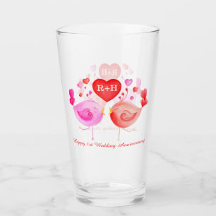 Verre Coeur Inséparable rouge rose 1er Anniversaire art