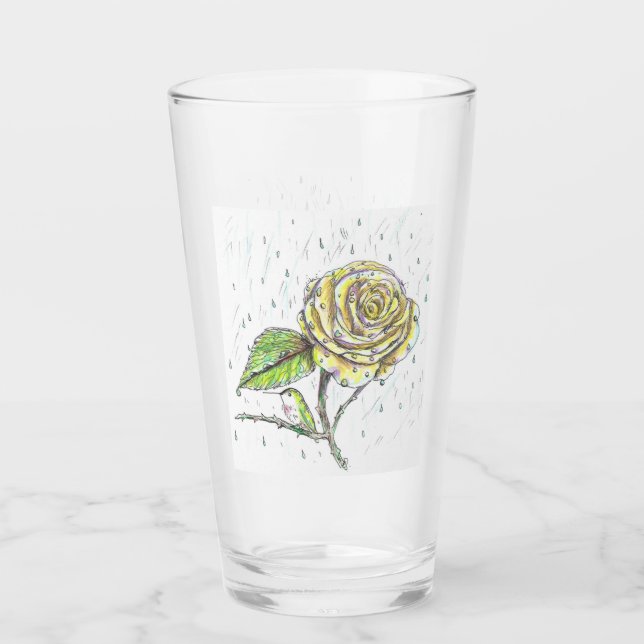Verre Colibri et Rose dans le dessin de pluie (Devant)