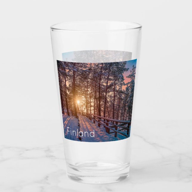 Verre Coucher de soleil dans la pinède enneigée avec ray (Devant)