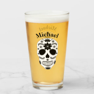 Verre Crâne de sucre mexicain noir et blanc avec nom Gla
