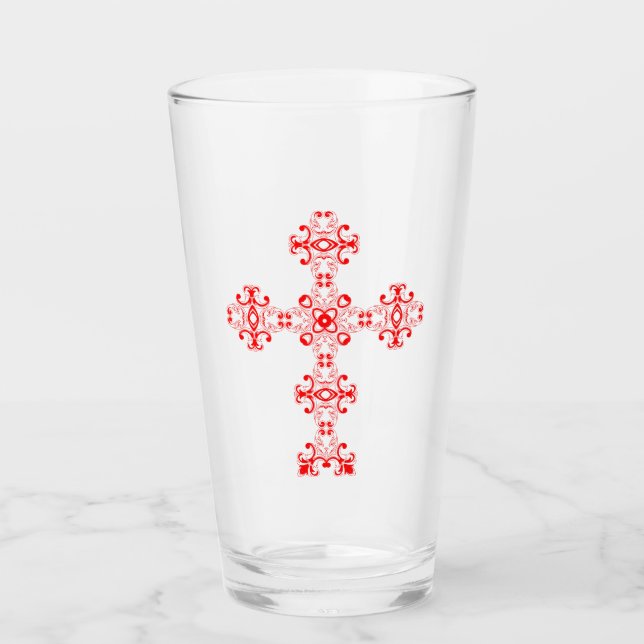 Verre Croix avec ornement rouge, Art décoratif sacré (Devant)