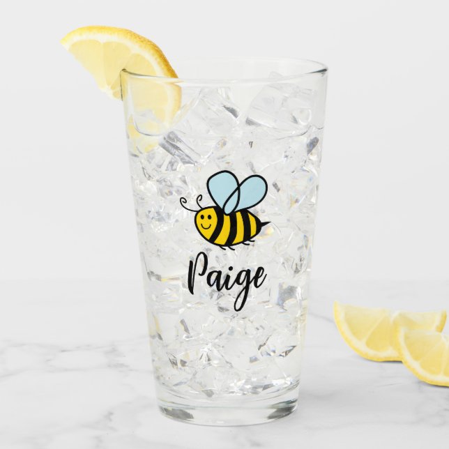 Verre Custom drink glass with cute animated bee logo (Devant glace)