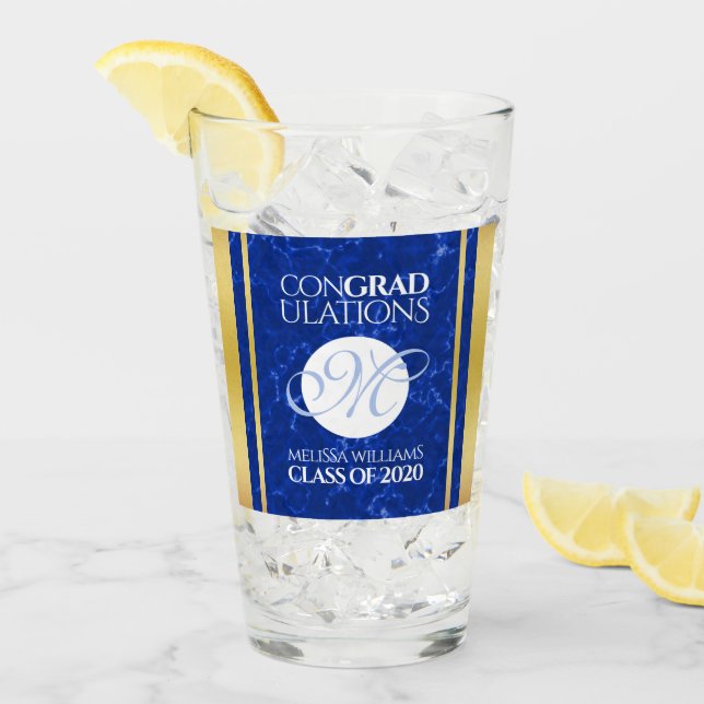 Verre Élégant Graduation Monogramme Bleu Marbre Or Huile (Devant glace)
