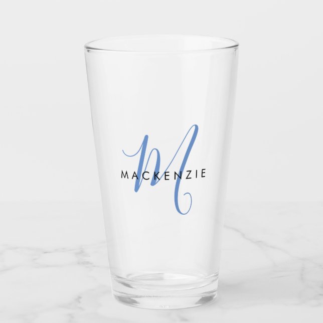 Verre Élégant Monogramme de Script bleu moderne (Devant)