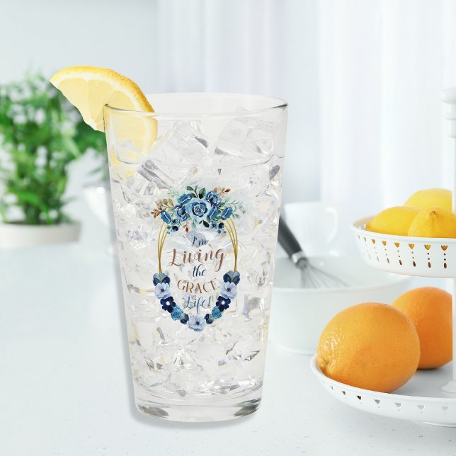 Verre Élégant Vivre la Grace Life Blue Floral Gold (Créateur téléchargé)