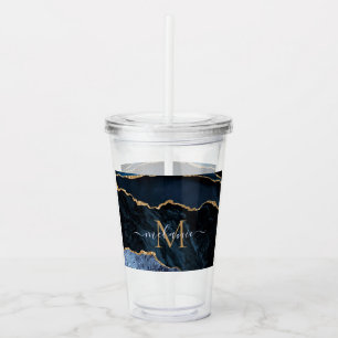 Verre En Acrylique Agate Bleu Nuit Or Pierre Précieuse Marbre Monogra