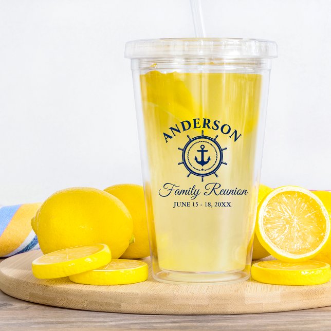 Verre En Acrylique Ancre Bleue de la marine nautique - Réunion de fam (Customize to change text color.)