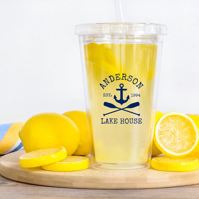 Verre En Acrylique Ancre Bleue Marine Nautique Oars Family Lake House (Choose your lid color.)