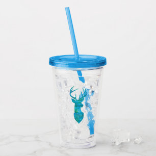 Verre En Acrylique Aquarelle bleue Cerf Silhouette