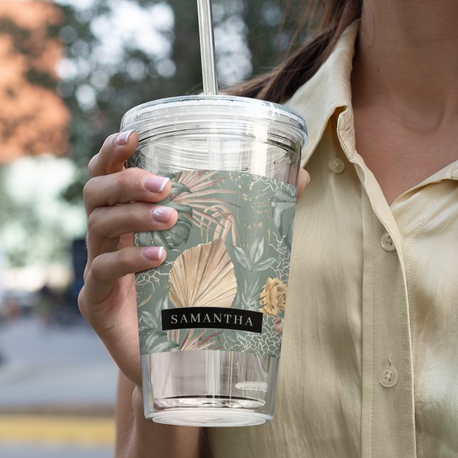 Verre En Acrylique Aquarelle Tropicale Gold & Green Feuille Motif (Créateur téléchargé)