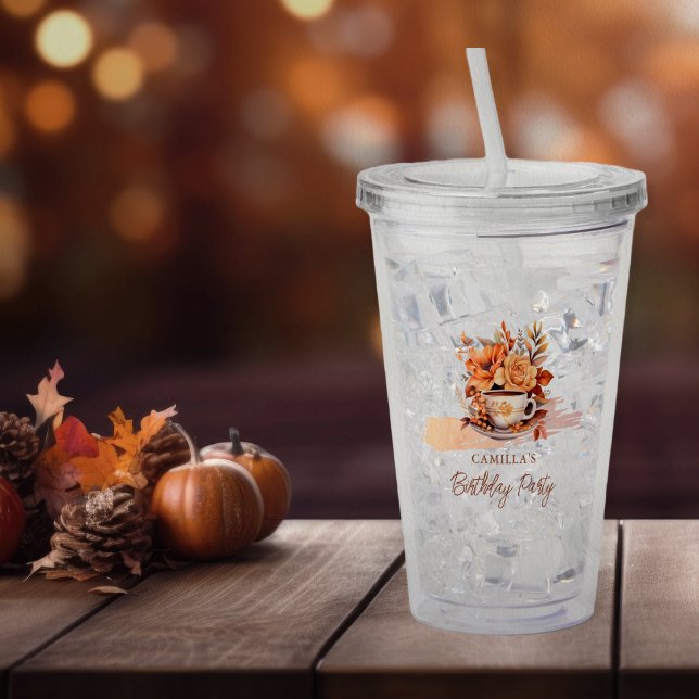 Verre En Acrylique Automne Floral Cottage Core Teacup Anniversaire Te (Fall Floral Cottage Core Teacup Birthday Tea Party Acrylic Tumbler)