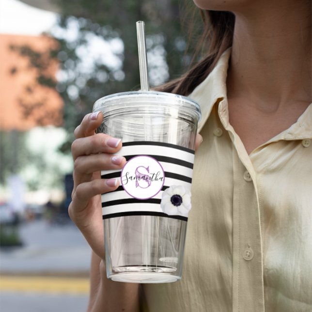 Verre En Acrylique Bande noire et anémone monogramme personnalisé (Créateur téléchargé)