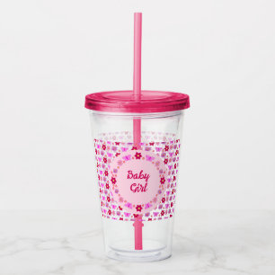 Verre En Acrylique Bébé rose Papillons et fleurs personnalisés