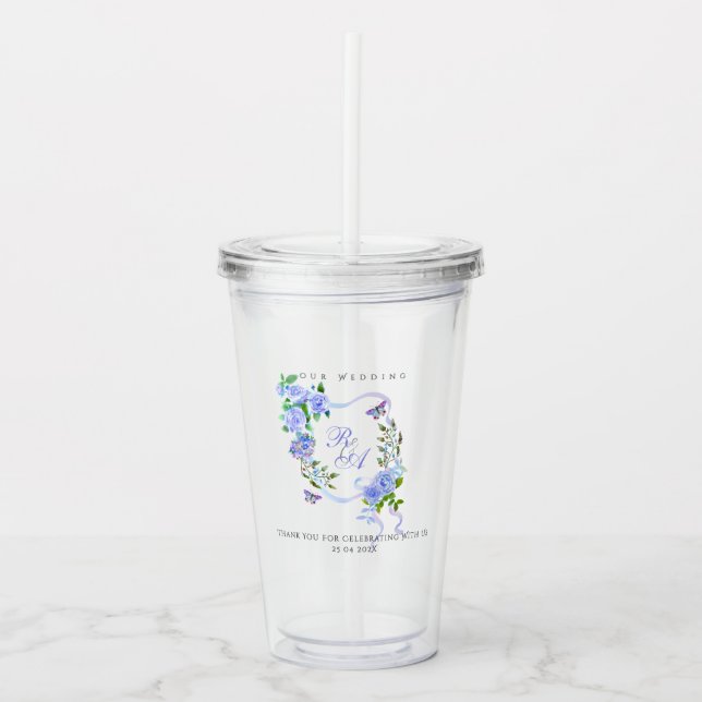Verre En Acrylique Blue Rose Ribbon Monogram Wedding  (Devant)