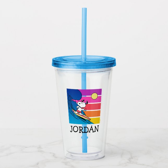 Verre En Acrylique cacahuètes | Snoopy Surfing | Ajouter Votre Nom (Devant)
