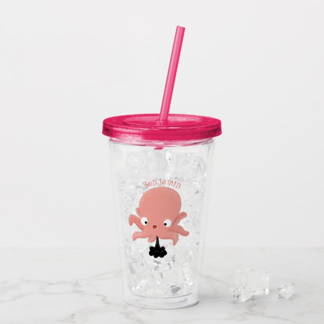 Verre En Acrylique Caricature de bébé pieuvre rose mignonne humour (Dos glace)