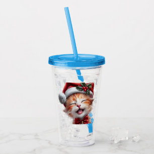 Verre En Acrylique Chat de Noël mignon avec chapeau de Père Noël et C
