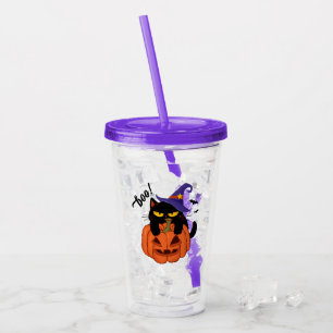 Verre En Acrylique Chat noir grassouillet dans un chapeau de sorcière