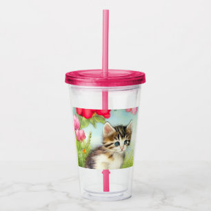 Verre En Acrylique Chaton vintage blanc et Brown avec fleurs