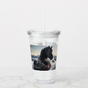 Verre En Acrylique Cheval noir dans la neige avec couronne de Noël