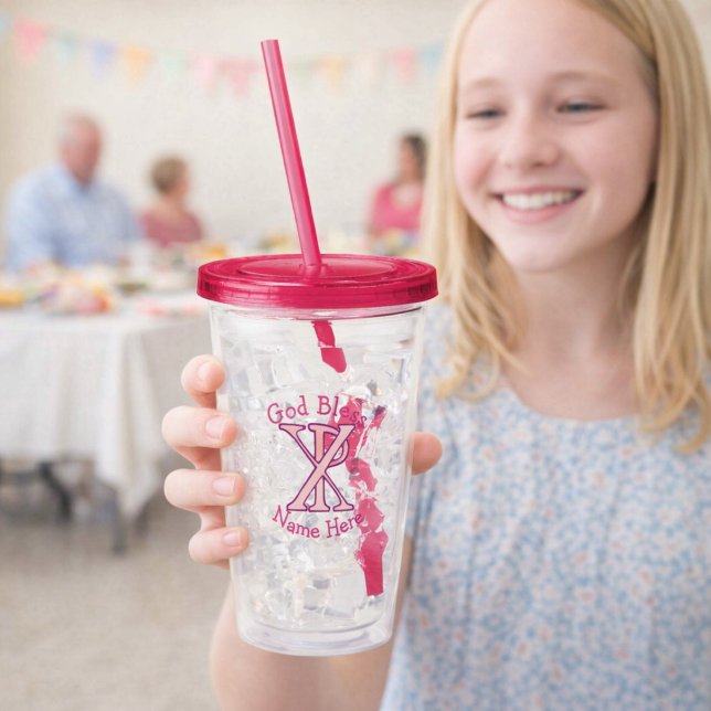 Verre En Acrylique Chi Ro Christian Cross Pink Personalized (Personalized acrylic tumbler with pink Christian ChiRo Cross. Above reads GOD BLESS. Below, name.)