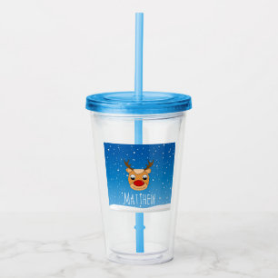 Verre En Acrylique Chute de neige de rennes souriant bleu personnalis